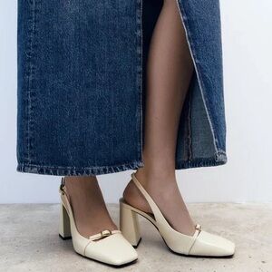 Zara off-white square toe slingback heels